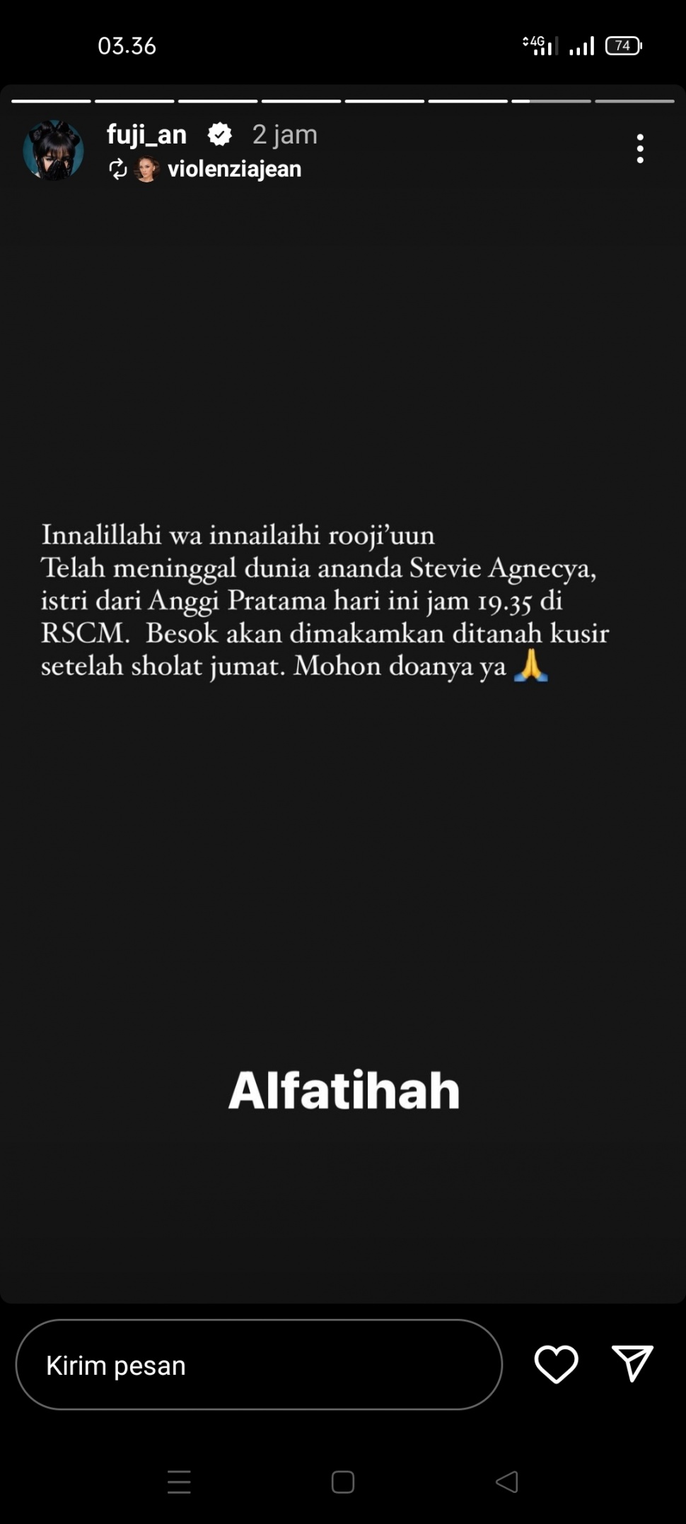 Stevie Agnecya meninggal dunia (Instagram/@fuji_an)