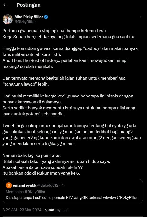 Cuitan Rizky Billar soal namanya yang disebut tidak terkenal (Twitter)