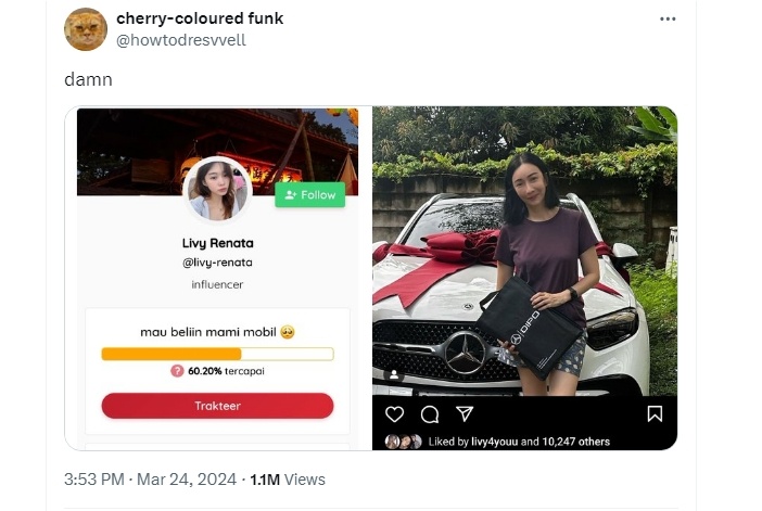 Livy Renata disebut-sebut meminta sumbangan netizen untuk beli mobil ibunya (X/howtodresvvell)