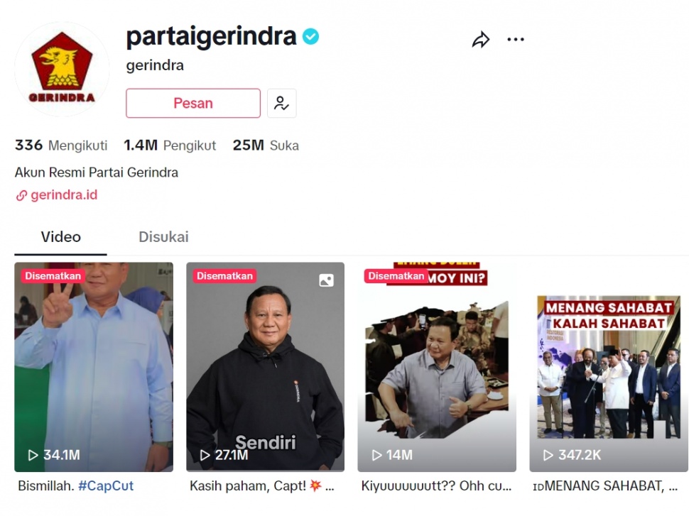 Akun TikTok resmi Partai Gerindra. (TikTok)