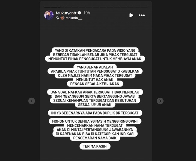 Pernyataan Teuku Ryan tentang hak asuh anak dan nafkah anak (Instagram)