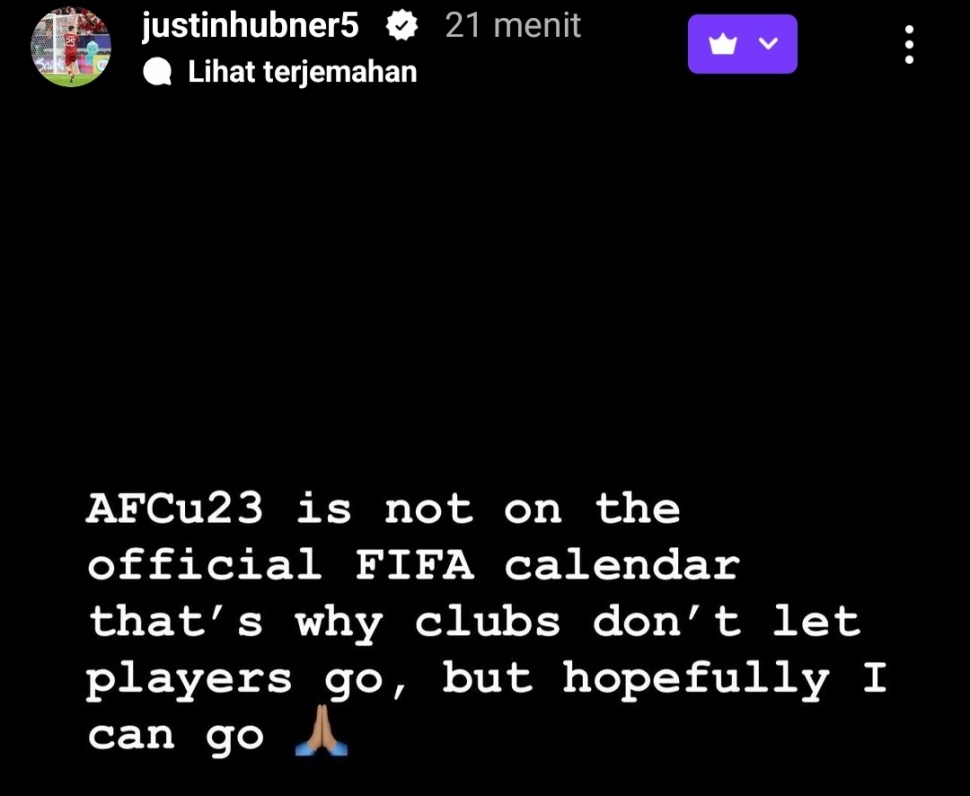 Unggahan instagram stories berbayar dari Justin Hubner soal keikutsertaannya membela Timnas Indonesia U-23 di Piala Asia U-23 2024. [Dok. IG Justin Hubner]