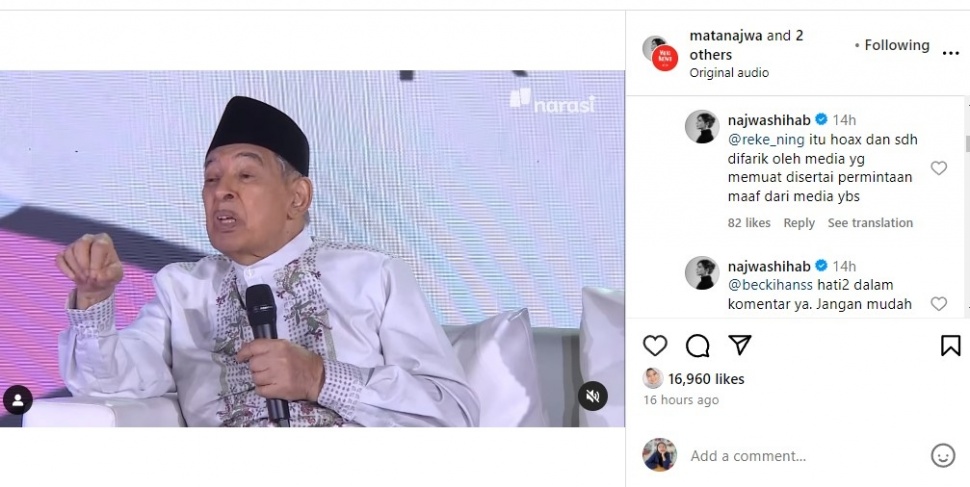 Klarifikasi Najwa Shihab (Instagram)