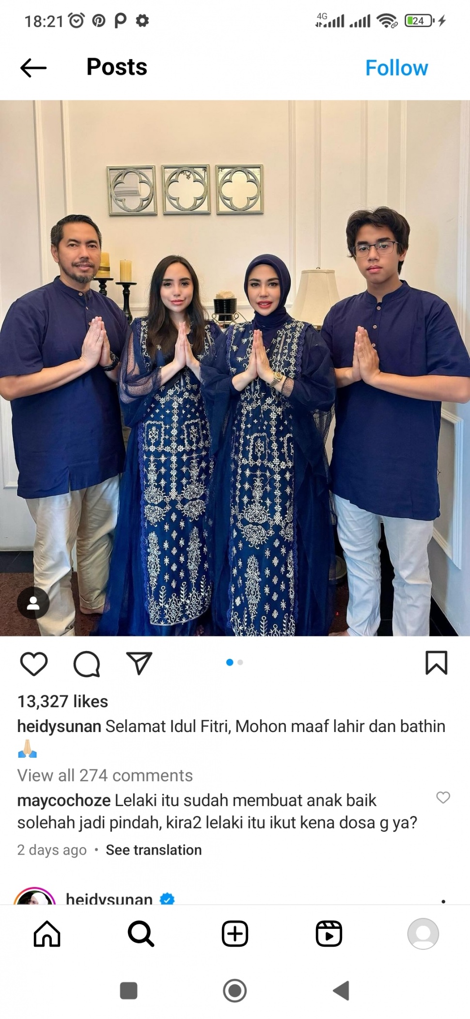 Salmafinan Sunan rayakan Lebaran dengan keluarga (Instagram/@heidysunan)