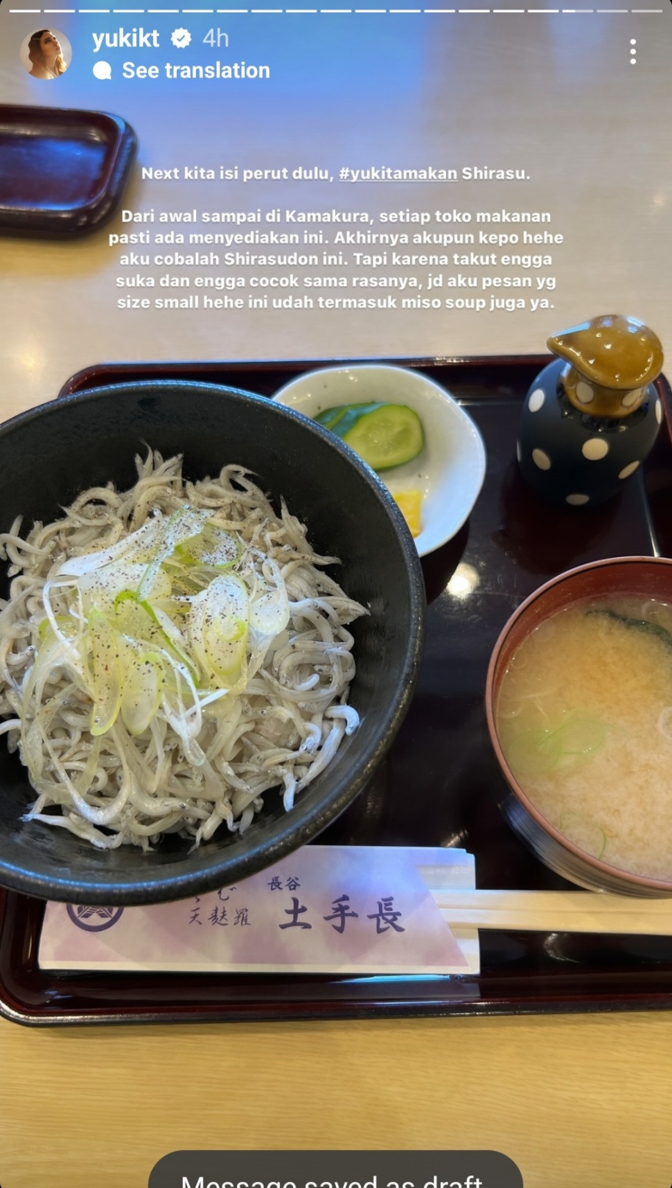 Yuki Kato Jajal Kuliner Baru Menu Ikan Teri di Jepang. (Dok. Instagram/Yukikato)