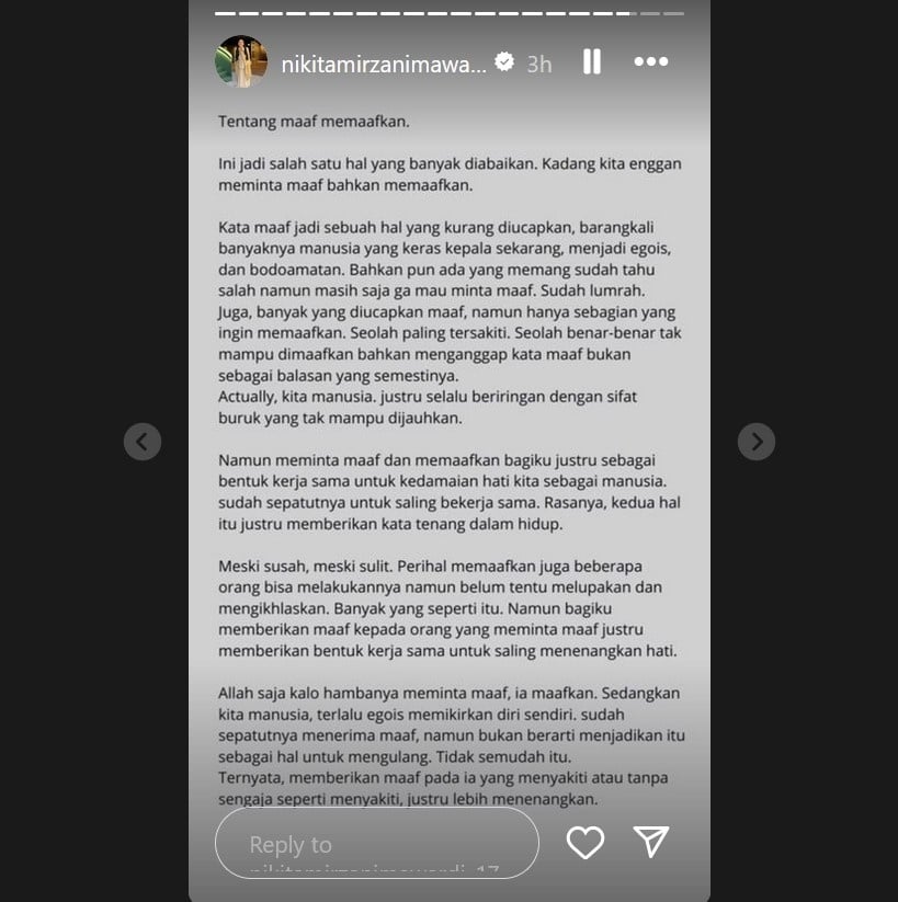 Nikita Mirzani curhat soal maaf memaafkan. [Instagram]