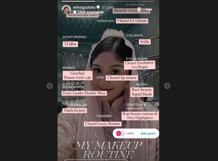 Erina Gudono spill produk makeup dan skincare yang dipakai. (Instagram)