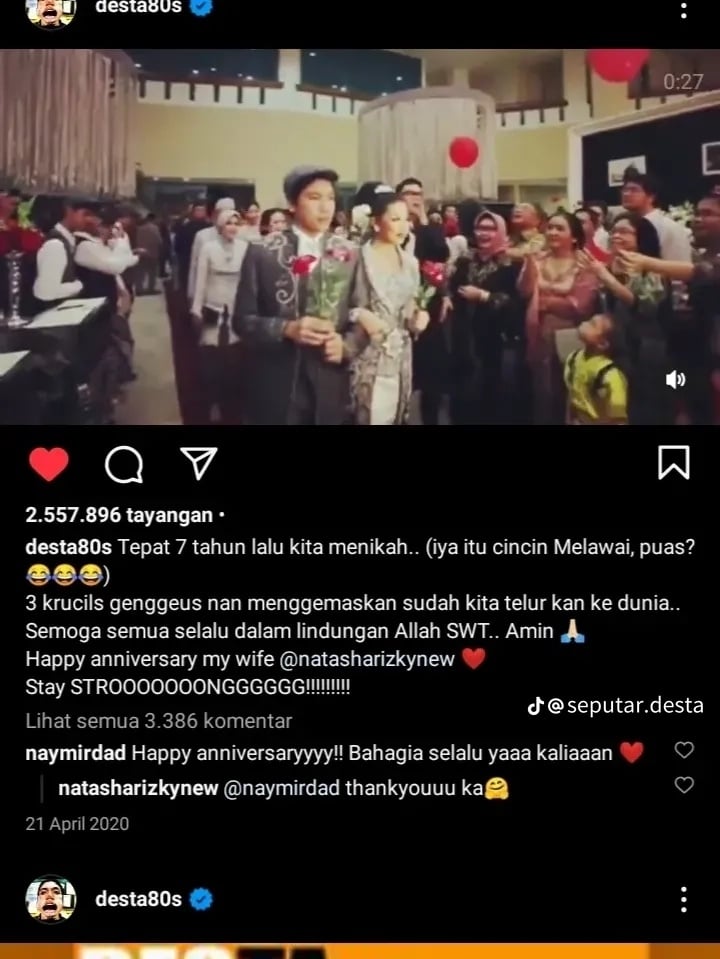 Postingan Desta Tiap Anniversary dengan Natasha Rizky (Instagram)