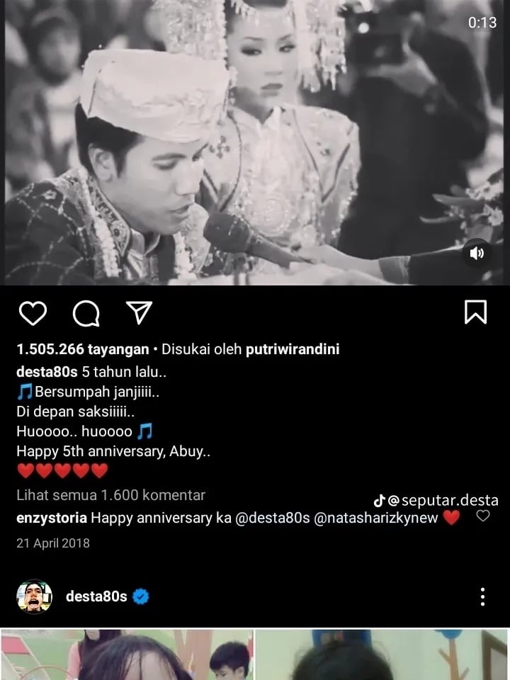 Postingan Desta Tiap Anniversary dengan Natasha Rizky (Instagram)