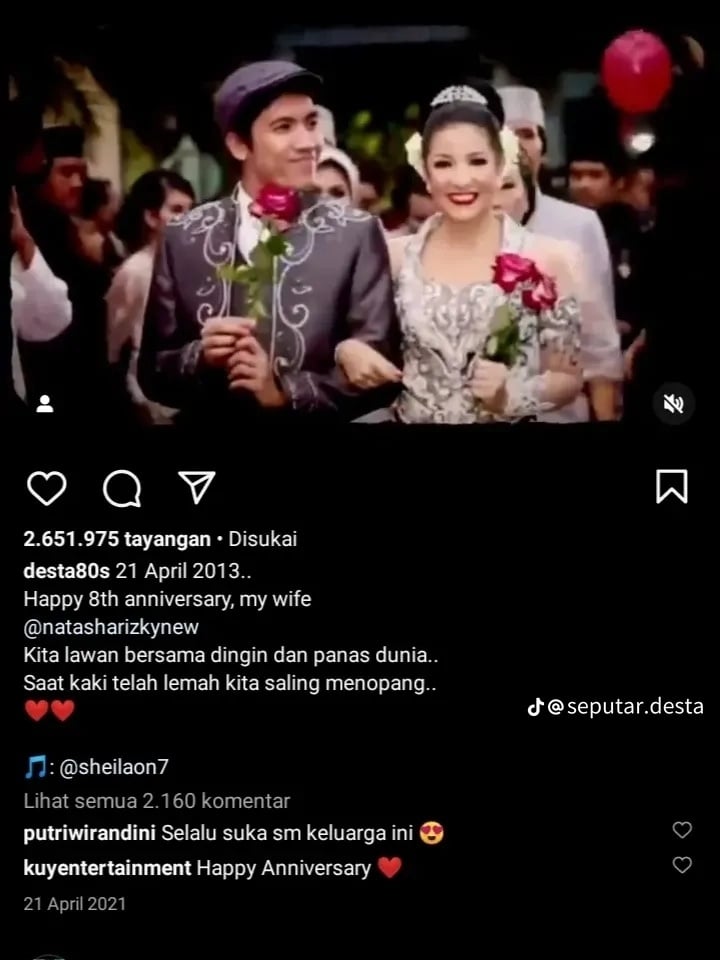 Postingan Desta Tiap Anniversary dengan Natasha Rizky (Instagram)