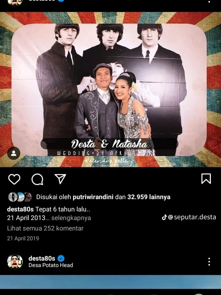 Postingan Desta Tiap Anniversary dengan Natasha Rizky (Instagram)