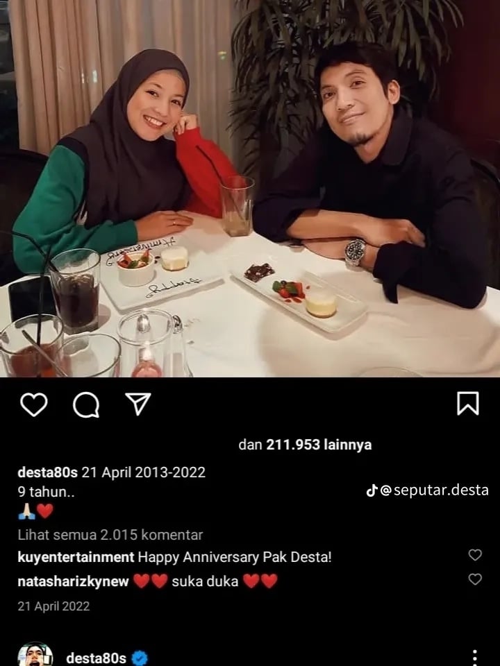 Postingan Desta Tiap Anniversary dengan Natasha Rizky (Instagram)