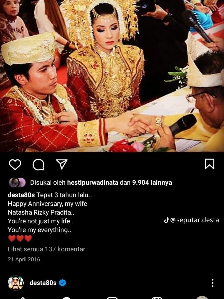 Postingan Desta Tiap Anniversary dengan Natasha Rizky (Instagram)