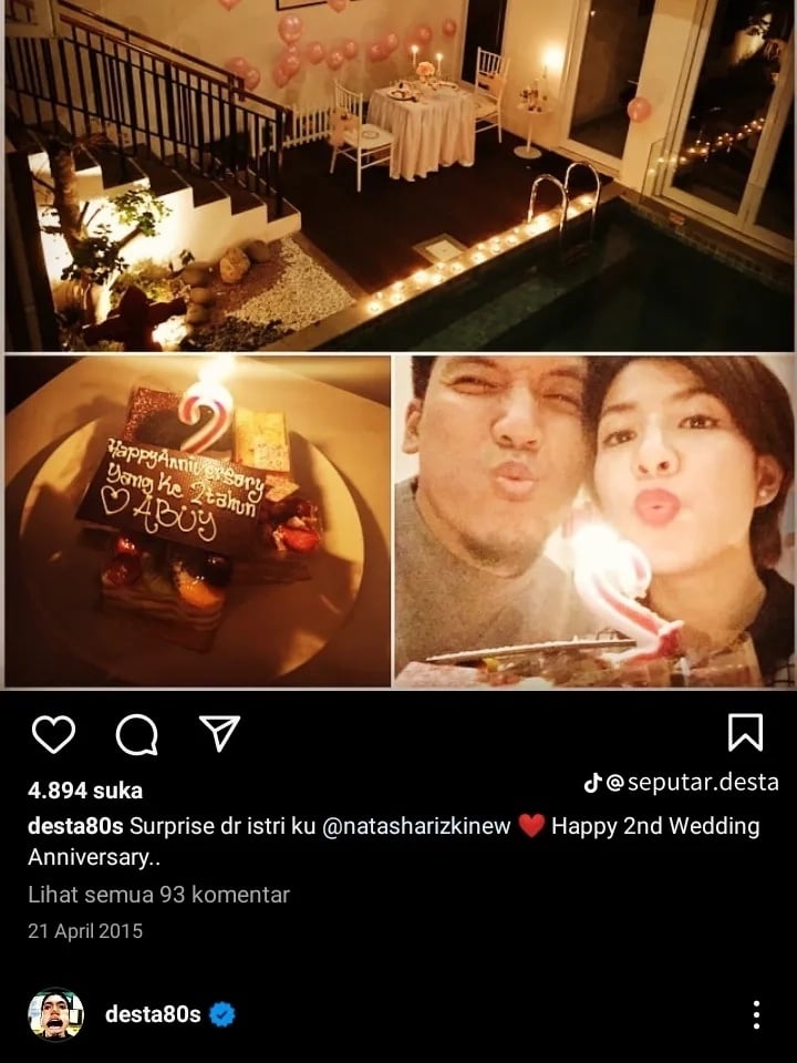 Postingan Desta Tiap Anniversary dengan Natasha Rizky (Instagram)