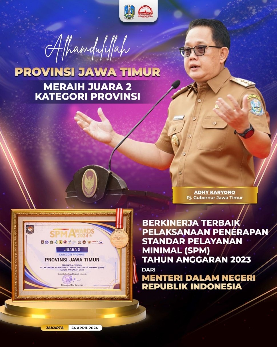 Pemprov Jatim berhasil meraih penghargaan SPM Awards 2024. (Dok: Pemprov Jatim)