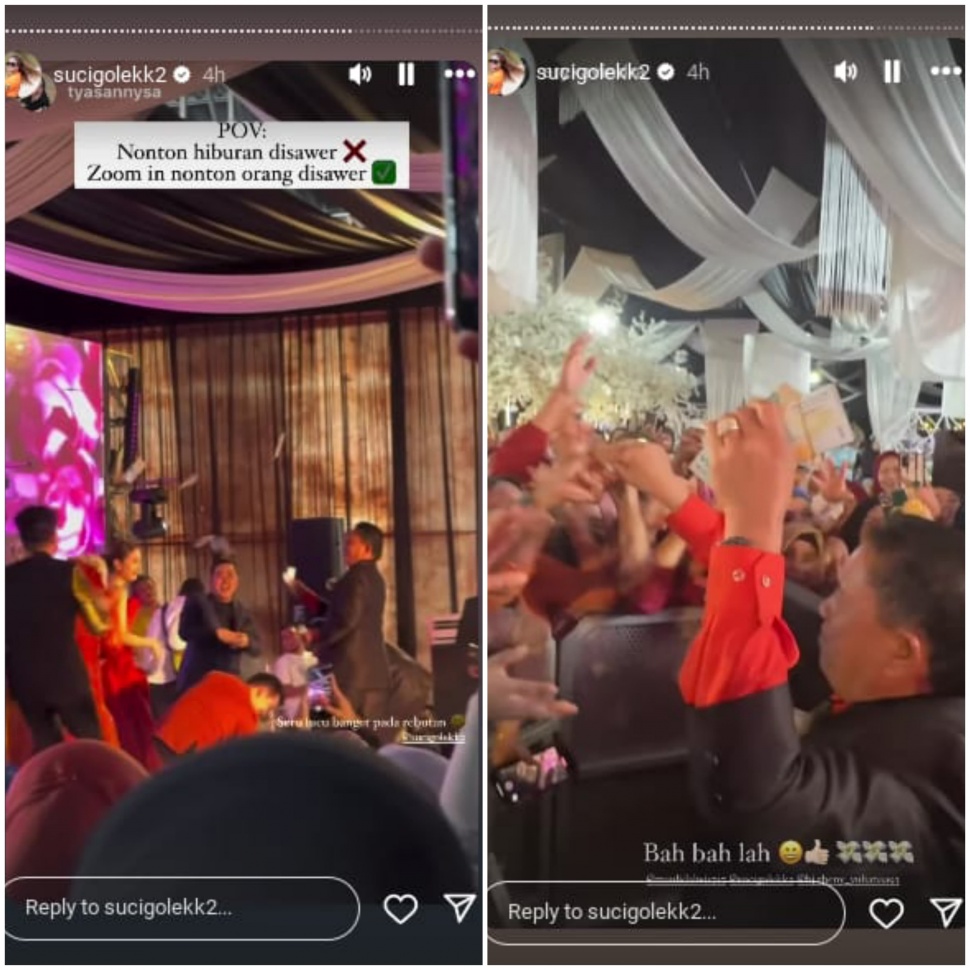 Haji Alwi Ruslan mertua Putri Isnari menyawer penyanyi dan tamu undangan pernikahan anaknya. (Instagram Story/@sucigolekk2)