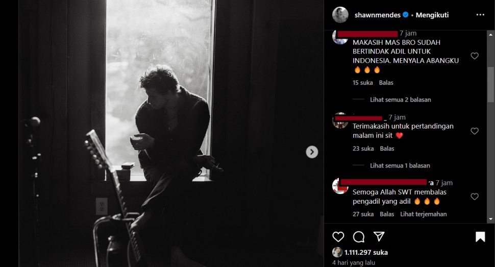 Netizen mengira Shawn Mendes adalah wasit di laga Timnas Indonesia vs Korsel. (Instagram)