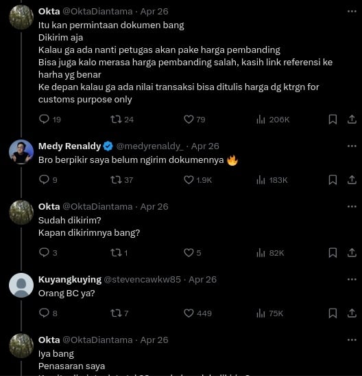 Tangkapan layar akun oknum petugas Bea Cukai membalas cuitan viral Medy Renaldy. (X)