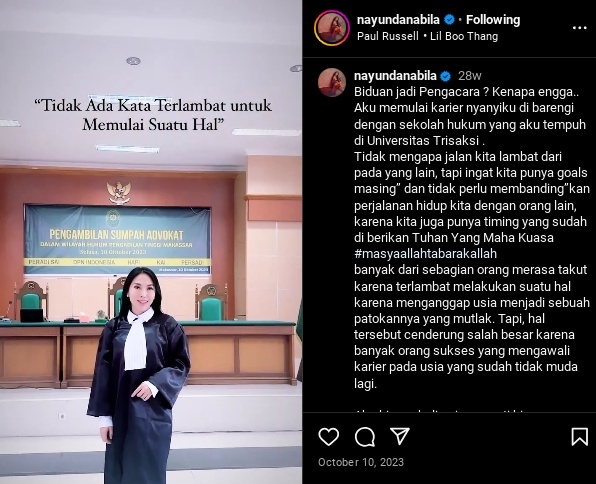 Tangkapan layar momen sumpah advokat Nayunda Nabila Nizrinah. (Instagram/@nayundanabila)