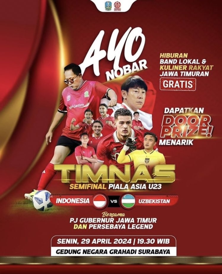 Poster nobar semifinal Piala Asia U-23 oleh Pemprov Jawa Timur. (X/@JadiUtas)