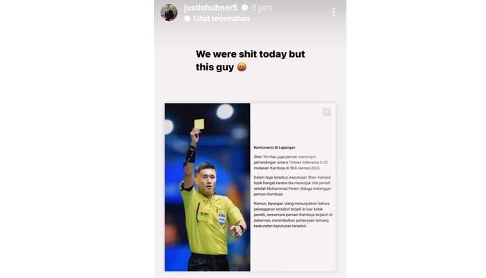 Tangkapan layar Instagram Story Bek Timnas Indonesia U-23 Justin Hubner. [Instagram @jurtinhubner5]