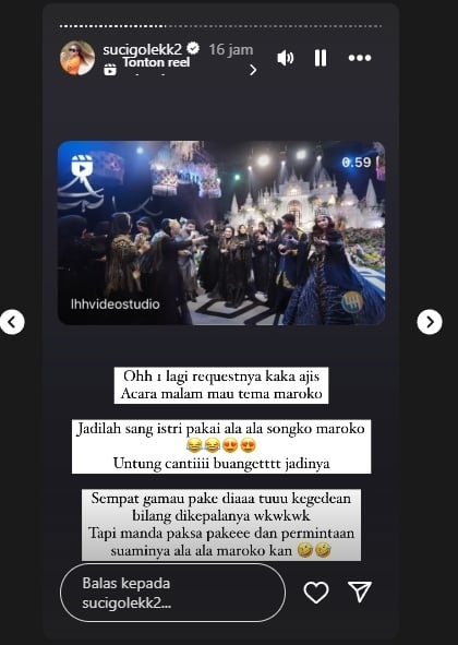 Putri Isnari dan Abdul Azis pakai busana ala Kerajaan Maroko di hari pernikahan. (Instagram/sucigolekk2)