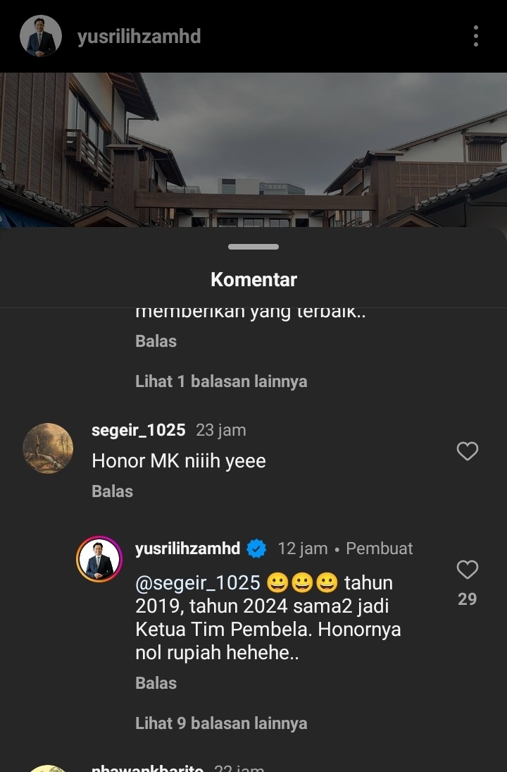 Yusril soal honor (Instagram)