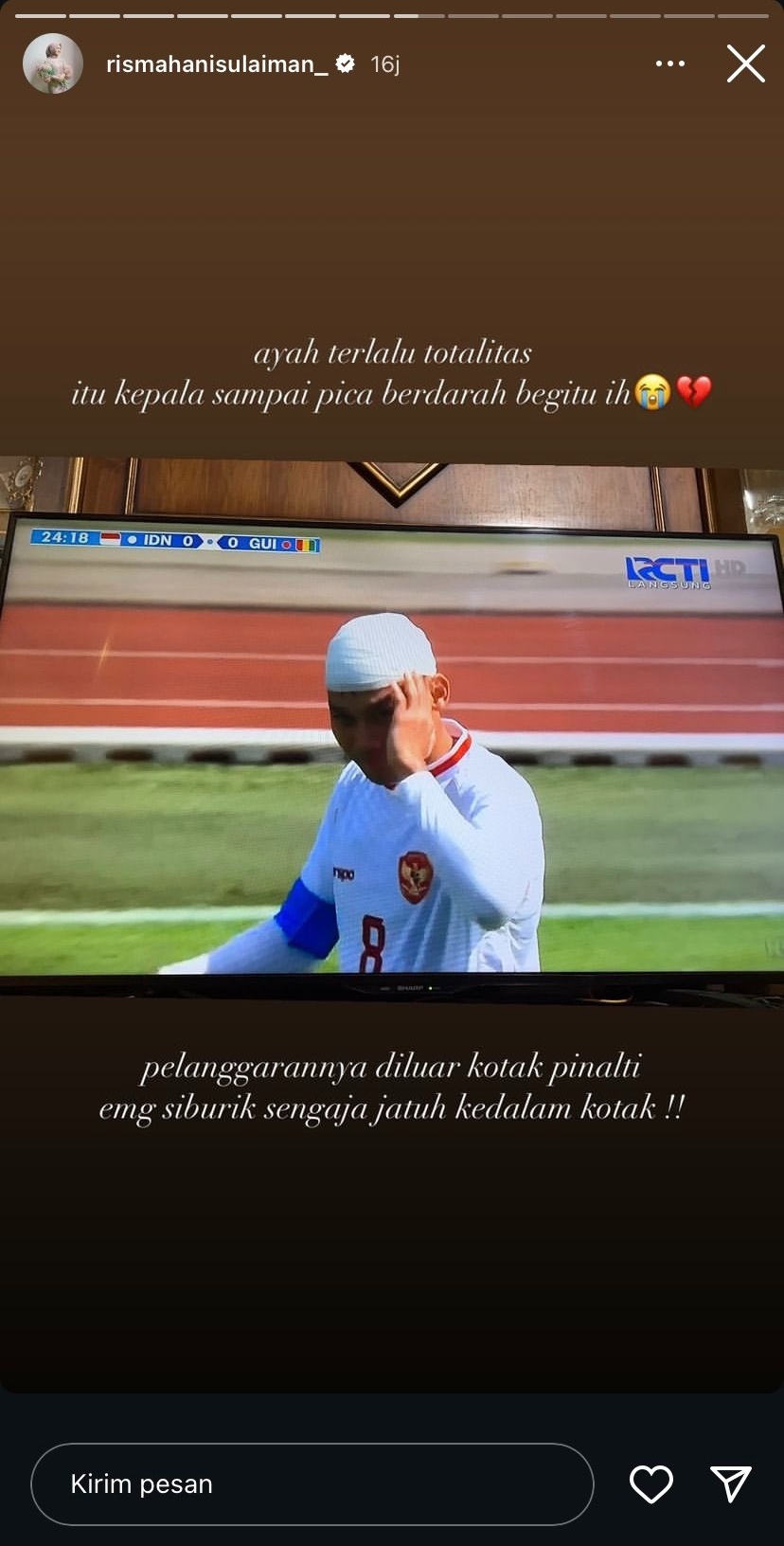 Tangkapan layar Instagram Story Rismahani, istri Witan Sulaeman, yang dinilai rasis dan body shaming ke pemain Guinea. (Instagram/@rismahanisulaiman_)