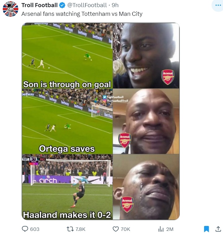 Meme Arsenal usai Manchester City kalahkan Tottenham. (X)