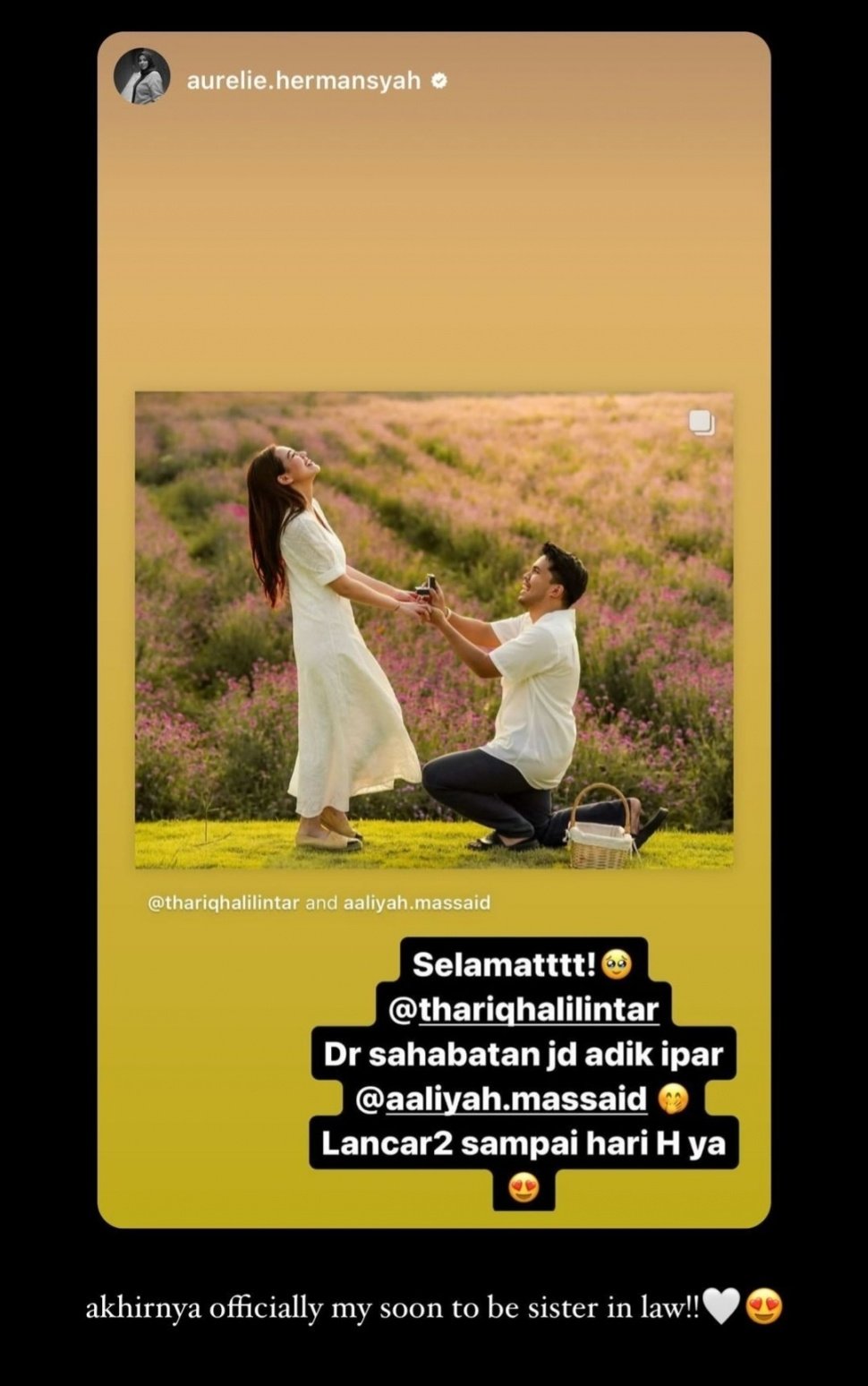 Ucapan Selamat Aurel Hermansyah Untuk Aaliyah Massaid yang Baru Aaja Dilamar Thariq Halilintar (Instagram)