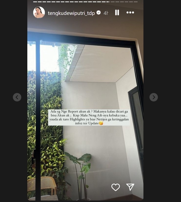 Tengku Dewi Putri mengungkap ada upaya untuk menghilangkan paksa akun Instagram-nya. [Instagram]