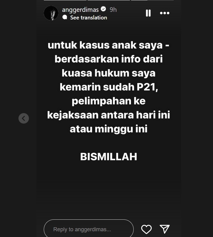 Angger Dimas menginformasikan kalau kasus kematian putranya, Dante segera disidangkan. [Instagram]