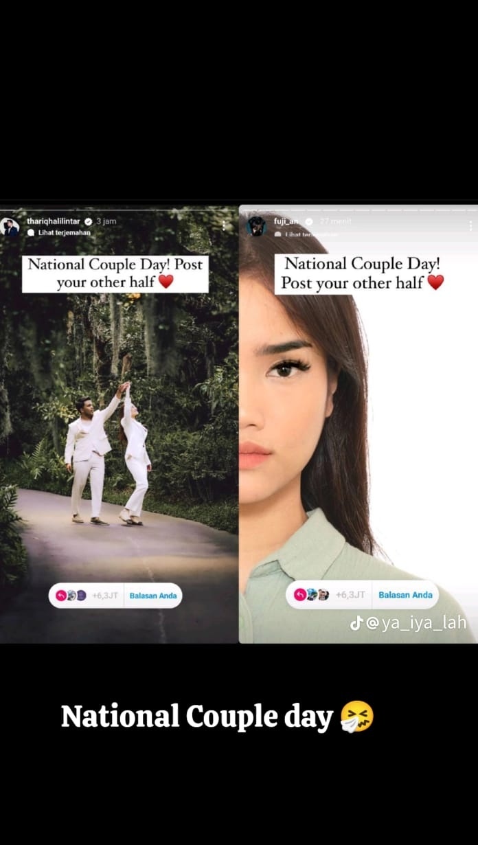 Perbandingan tren National Couple Day Thariq Halilintar-Aaliyah Massaid dan Fuji. (Instagram Story)