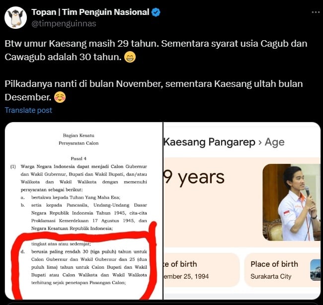 Cuitan soal usia Kaesang Pangarep yang belum penuhi syarat jadi cawagub (X/timpenguinnas)