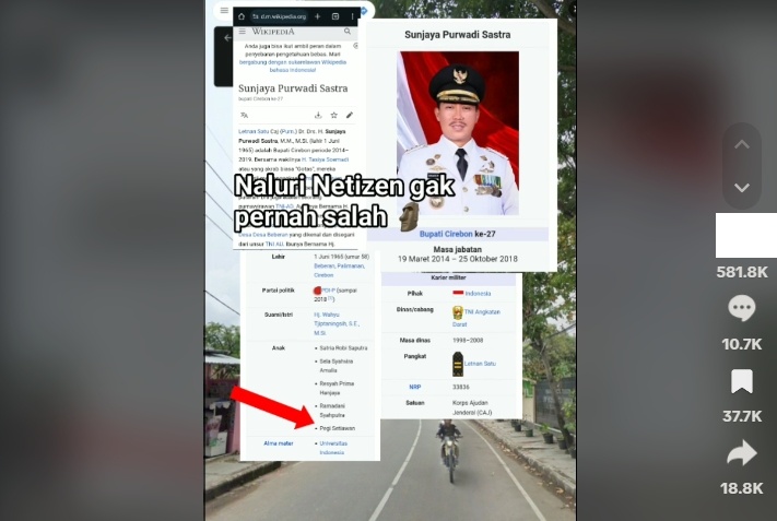 Nama Pegi Setiawan muncul di profil ex Bupati Cirebon. (tiktok/ronaldkristianyaung)