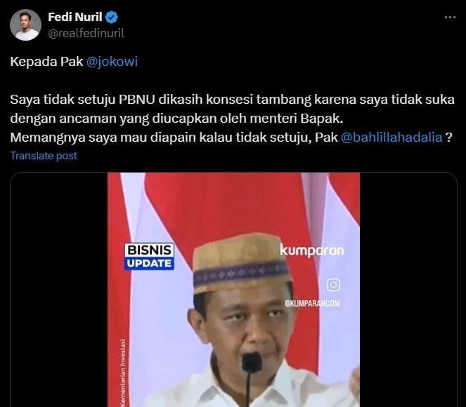 Unggahan Fedi Nuril di X terkait dengan pernyataan Menteri Investasi Bahlil Lahadalia (X/realfedinuril)