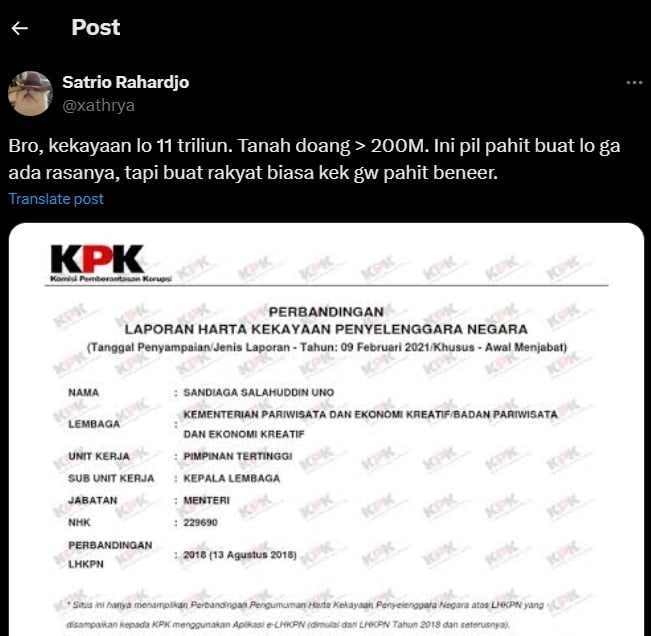 Cuitan netizen soal pernyataan Sandiaga Uno (X/xathrya)