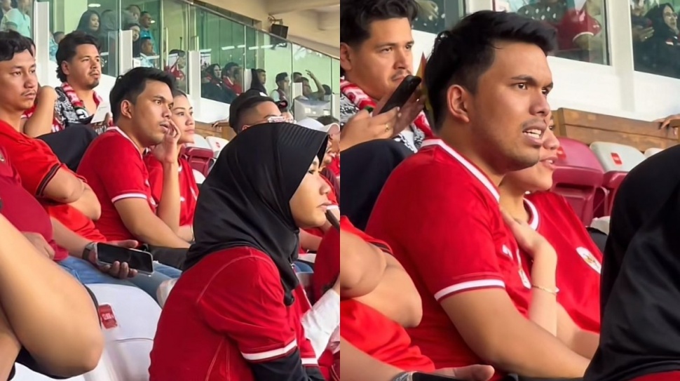 Potret Thariq Halilintar dan Aaliyah Massaid saat menonton pertandingan Timnas Indonesia vs Irak di SUGBK pada Kamis (6/6/2024) (TikTok/jukyung.89)