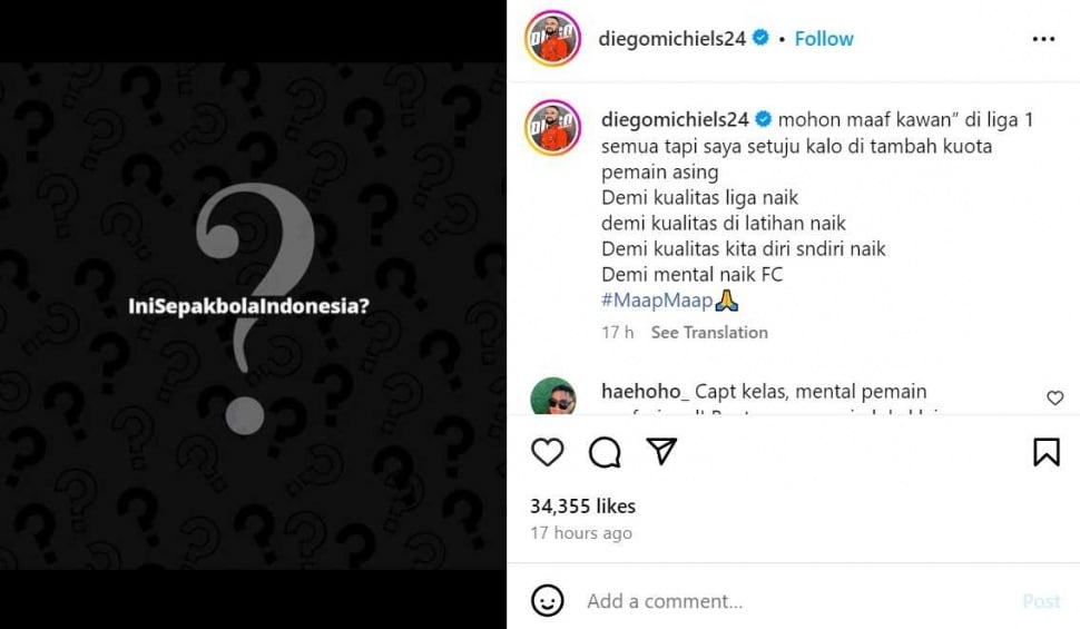 Unggahan pemain Borneo FC, Diego Michiels terkait gerakan protes pemain lokal Liga 1 bertajuk 'IniSepakbolaIndonesia?'. [Dok. Instagram/@diegomichiels24]