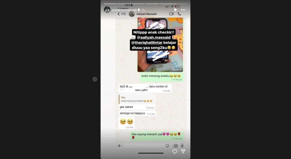 Tangkap layar pesan Aurel Hermansyah dan Aaliyah Massaid (Instagram/aurelie.hermansyah)