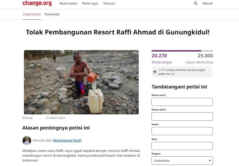 Petisi Tolak Pembangunan Resort Raffi Ahmad di Gunungkidul. (Dok. Change.org)