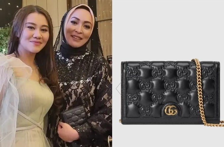 Tas Angelina Sondakh saat bertemu Geni Faruk. (Kolase Instagram/angelinasondakh09 dan Gucci)