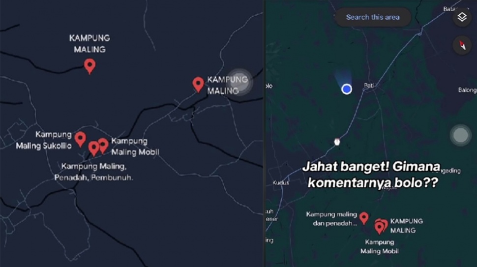 Tangkapan layar google maps yang menyebut kampung maling di TikTok @bolo_pati. 