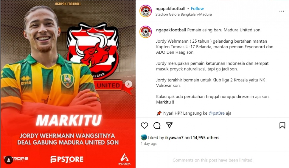 Pemain keturunan Indonesia, Jordy Wehrmann dikabarkan gabung Madura United. (Instagram/@ngapakfootball)