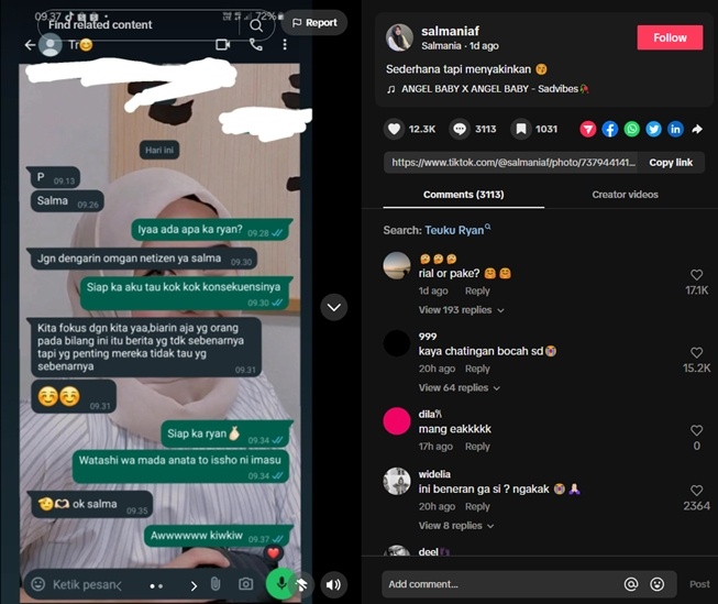 Chat palsu mengatasnamakan Teuku Ryan dan Salma (TikTok)