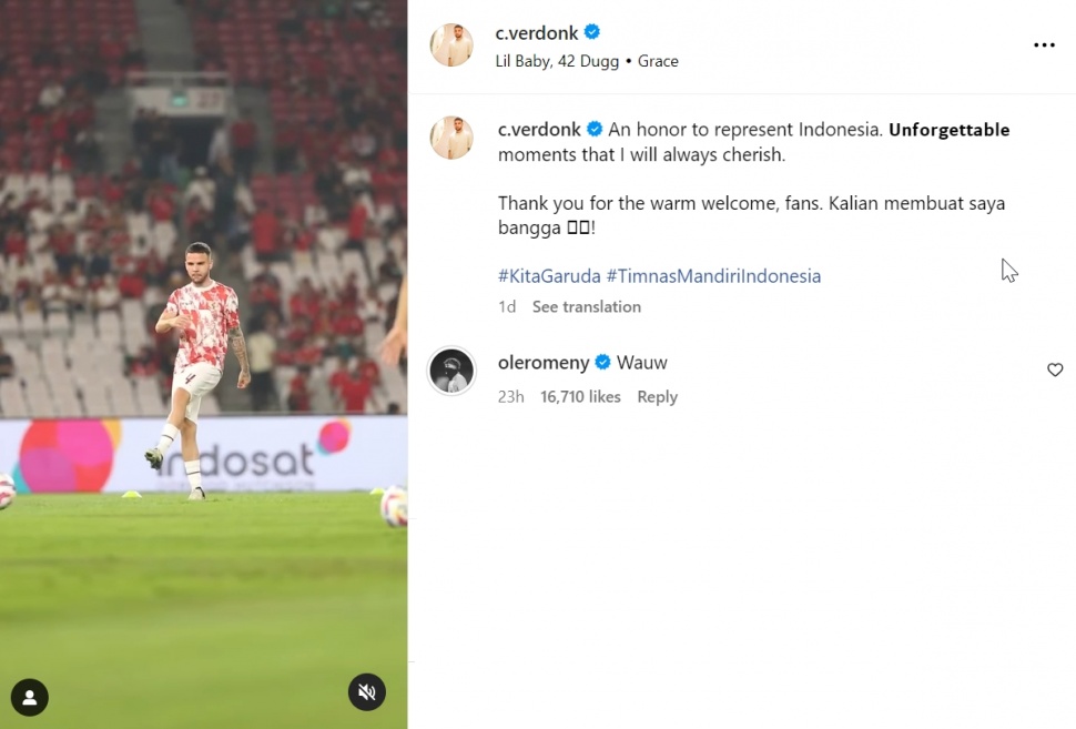 Komentar Ole Romeny diunggahan Calvin Verdonk. (Instagram/@c.verdonk)