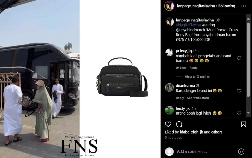 Nagita Slavina menenteng tas dari brand Anya Hindmarch dengen seri Multi Pocket Cross Body Bag (Instagram/fanpage_nagitaslavina)