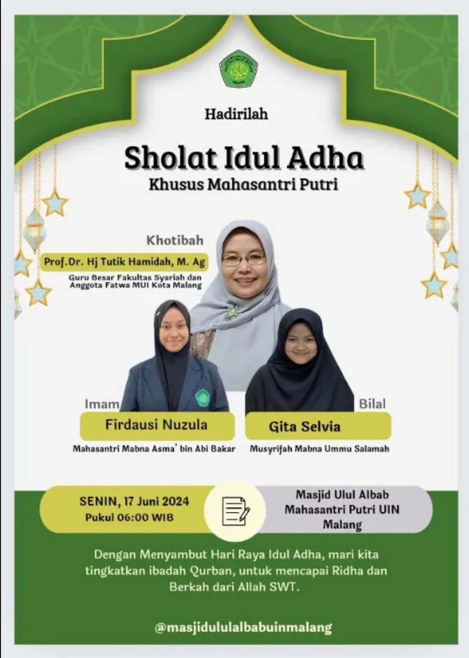 Poster salat Idul Adha di UIN Maliki Malang khusus mahasiswi. [UIN Malang]