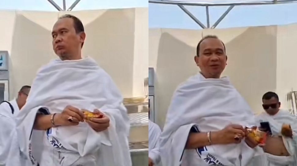 Cak Lontong makan sambil berdiri saat berada di Tanah Suci (TikTok/fahmi.badri)