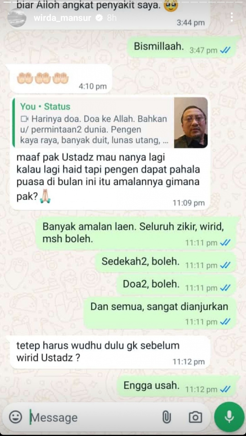 Wirda Mansur Ungkap Nasihat Yusuf Mansur Untuk Perempuan yang Sedang Haid Tapi Ingin Ibadah Hari Arafah. (Dok. Instagram/WirdaMansur)